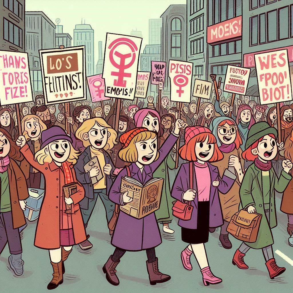 feminists protesting in the street done in 195-'s cartoon style