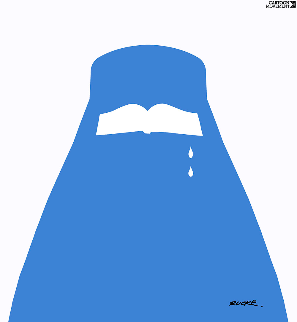 Cartoon showing a burqa with the cutout for the eyes shaped like an open book with two tears falling from it.