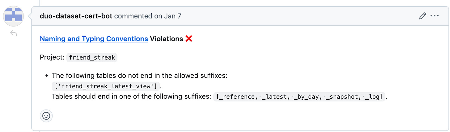 An automated GitHub PR comment that points out that a table name does not mean the naming and typing conventions.