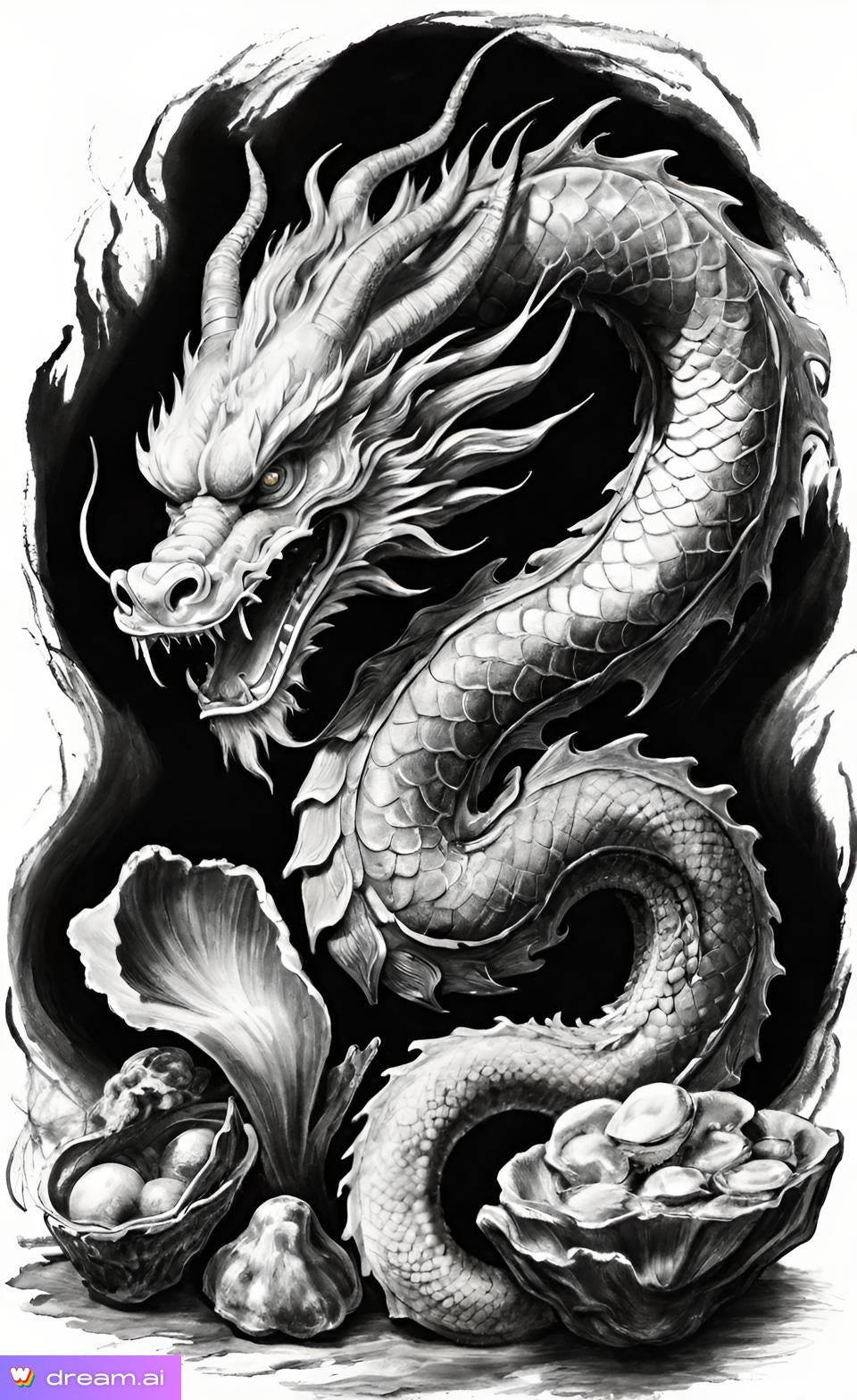 AI image in ink drawing style of a fearsome Chinese dragon over a plate of oysters