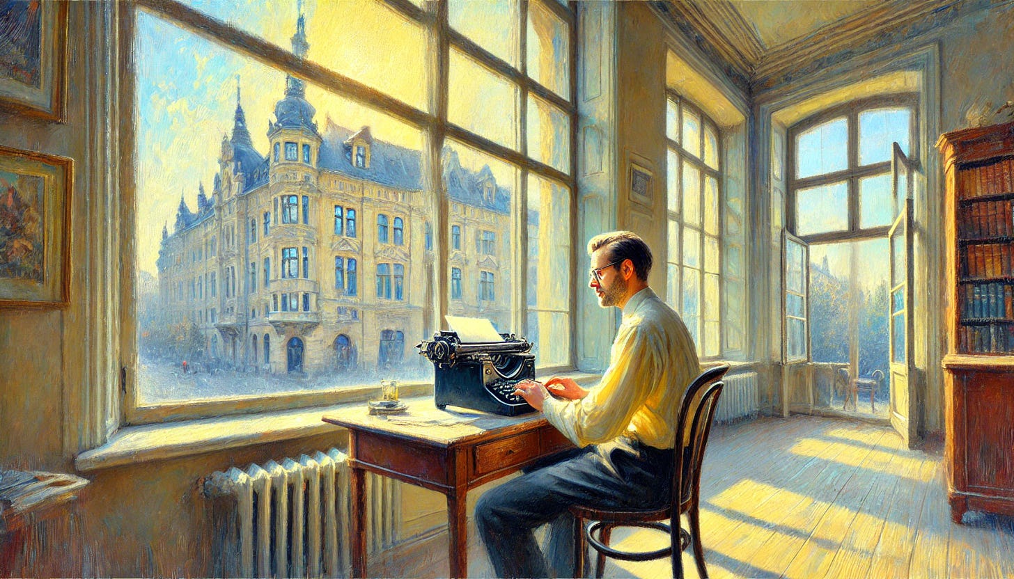 An impressionistic oil painting of a man with an intelligent and focused expression sitting at a vintage computer, typing thoughtfully. The room is softly lit, with dappled sunlight streaming through large windows. Beyond the windows, old European buildings from the early 1900s are visible, featuring cobblestone streets and ornate facades. The serene atmosphere is enhanced by a pastel-like color palette of soft yellows, blues, and greens, evoking a peaceful, sunny day. The brushstrokes are reminiscent of Fritz Syberg's style, emphasizing light, tranquility, and the intellectual engagement of the scene. Wide aspect.