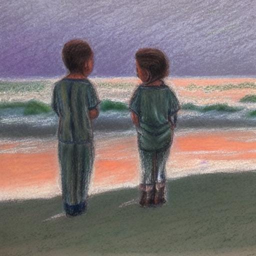 AI generated image showing two childlike figures looking out to the sea at twilight, rendered in pastels