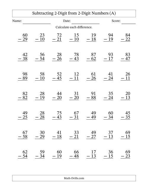 A worksheet with dozens of two-digit subtraction problems.