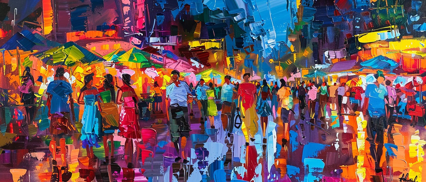 A vibrant, abstract painting of a bustling night market. The scene is filled with people, illuminated stalls, and colorful umbrellas, depicted with bold, expressive brushstrokes and a bright, saturated palette.