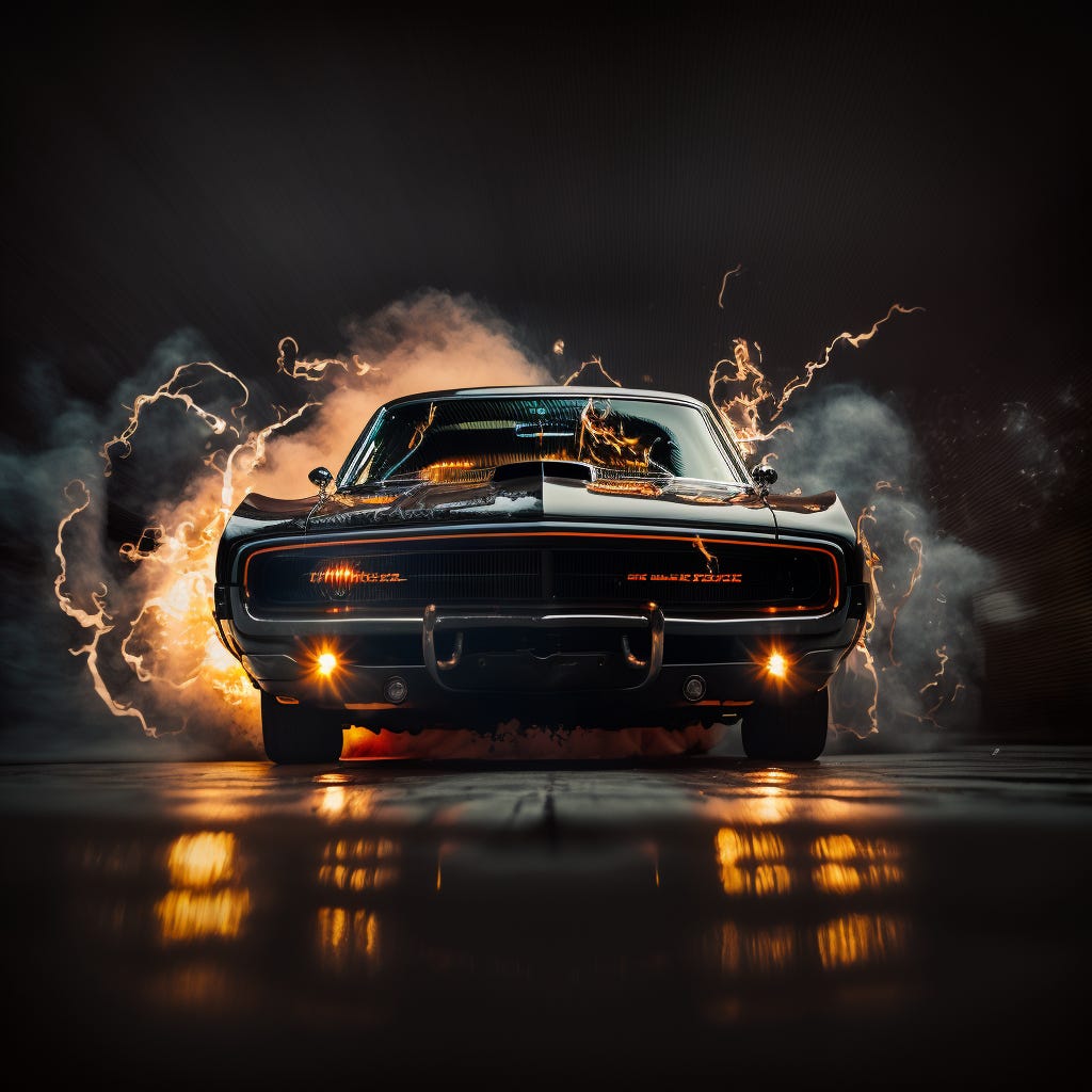 Editorial style photo of 1970 Dodge Charger, low angle camera shot, flames in the background, dramatic lighting