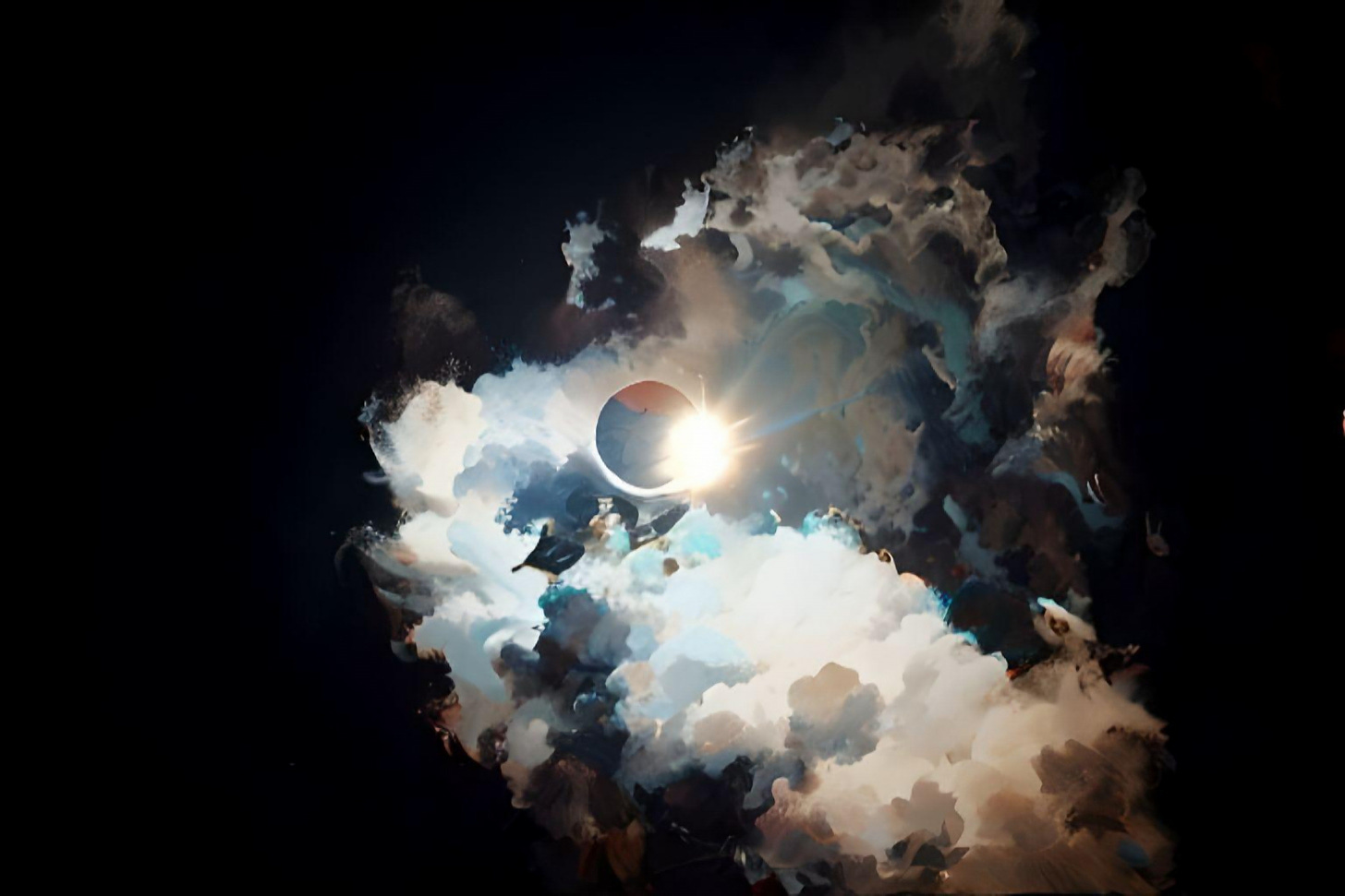 photo of eclipse through clouds with painting effect