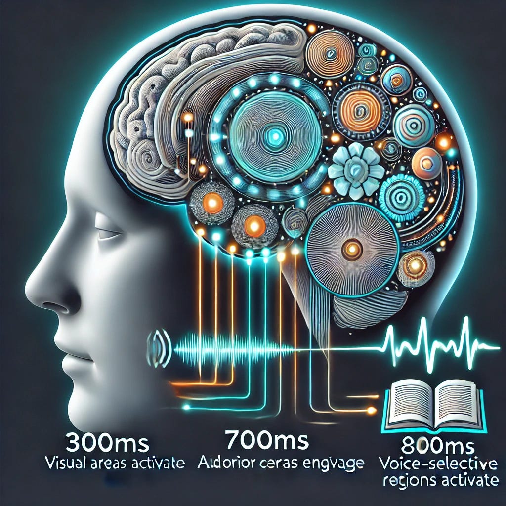 A stylized image of a human brain in profile with neural pathways highlighted. The brain is shown processing visual text input, with labeled activations at three stages: '300ms - Visual areas activate', '700ms - Auditory cortex engages', and '800ms - Voice-selective regions activate'. On the left side, a book or text graphic represents the input, with arrows flowing into the brain. Inside the brain, sequential areas light up in progression with glowing neural pathways. On the right side, abstract soundwave graphics symbolize the inner voice during silent reading. The image uses a clean academic color palette, including white, gray, and blue, with bright teal or orange highlights for neural activation.