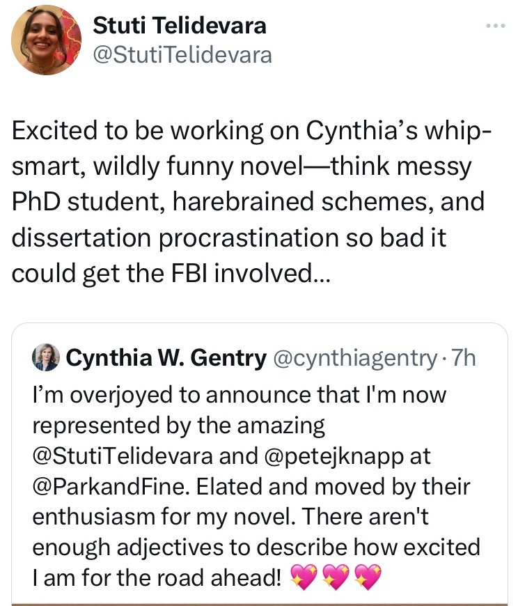 Screenshot of Stuti Telidevara's repost of Cynthia's agent announcement