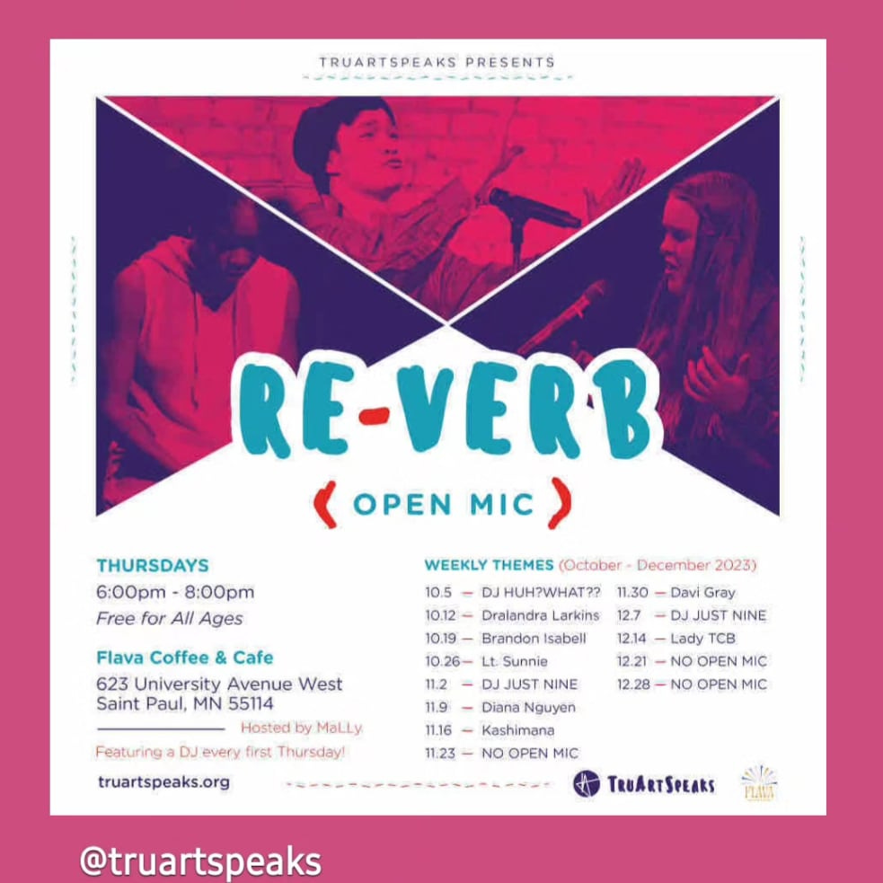 Re-Verb Open Mic schedule: 11/16 featuring Kashimana, 11/30 featuring Davi Gray, 12/7 featuring DJ JUST NINE, 12/14 featuring Lady TCB. No Open Mic on 11/23, 12/21, or 12/28.
