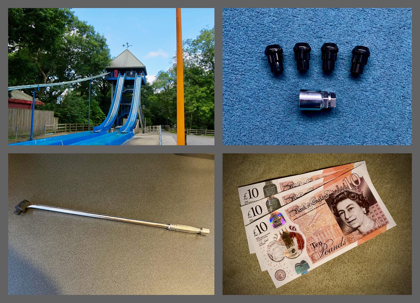 A collage of four images: A waterslide, a set of locking wheel nuts, a breaker bar, and three £10 notes.