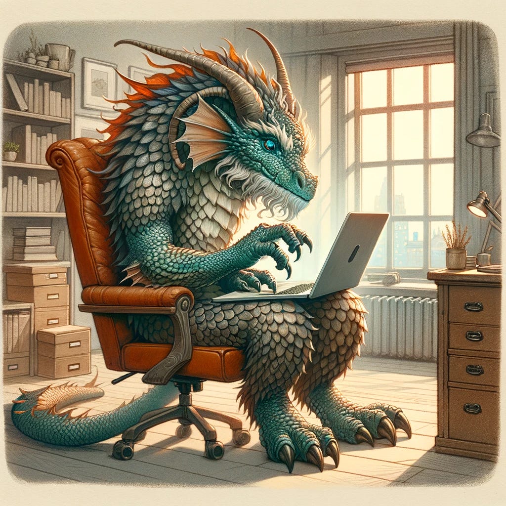 A whimsical illustration of a fantastical beast, resembling a mix between a dragon and a lion, working diligently at a laptop. The creature has a majestic appearance with scales and a mane, sitting in an office chair. Its claws are carefully typing on the keyboard, and it has a focused expression, as if deeply engrossed in its work. The setting is a cozy home office with bookshelves and a window showing a peaceful outdoor scene. This image blends fantasy with the modern world, showcasing a mythical creature adapting to contemporary technology.