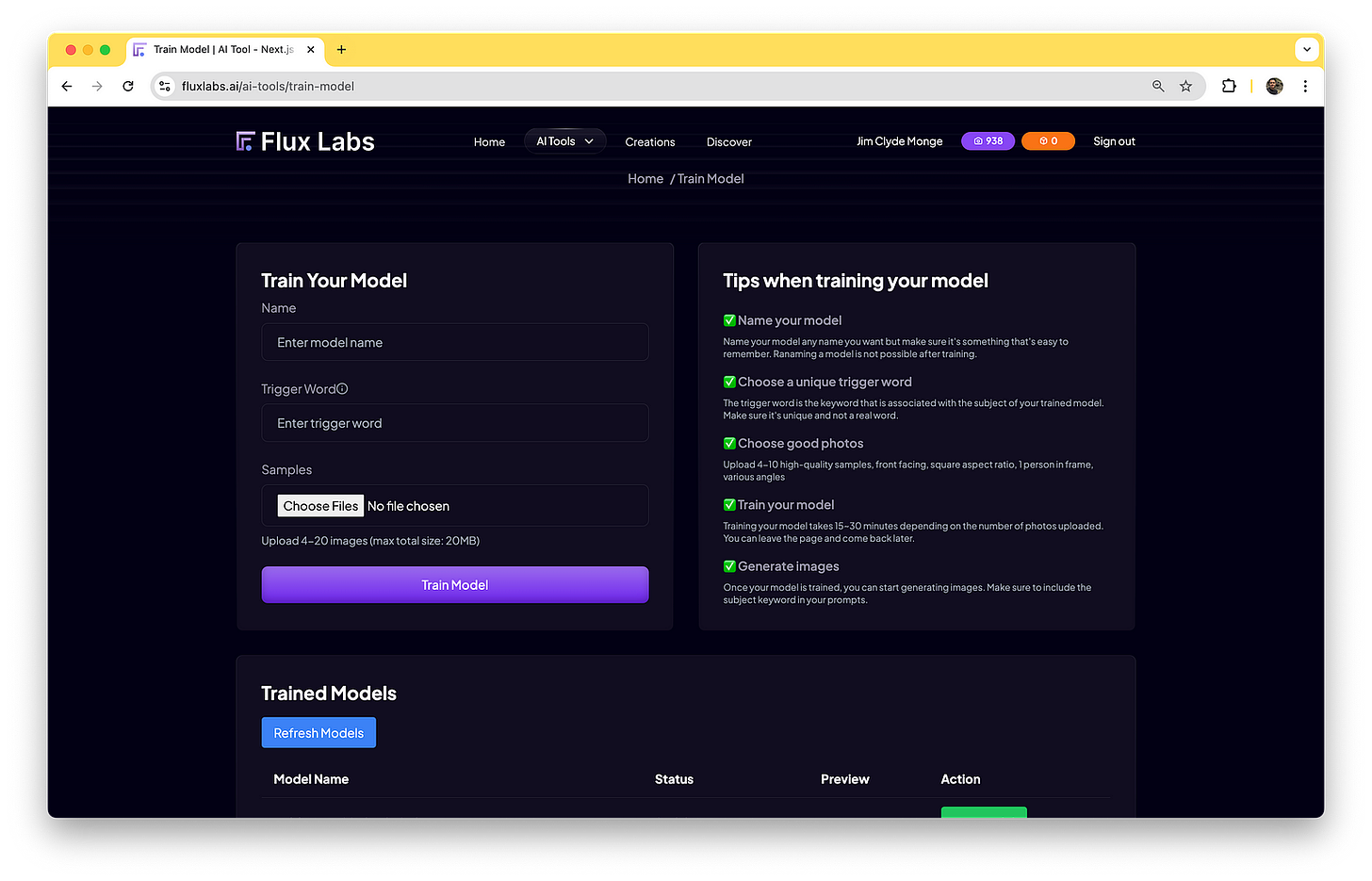 Training an Image Model Head over to fluxlabs.ai and create an account for free. Once logged in, click on the AI Tools dropdown in the navigation bar and select the Train Model. This will take you to the image model training page.