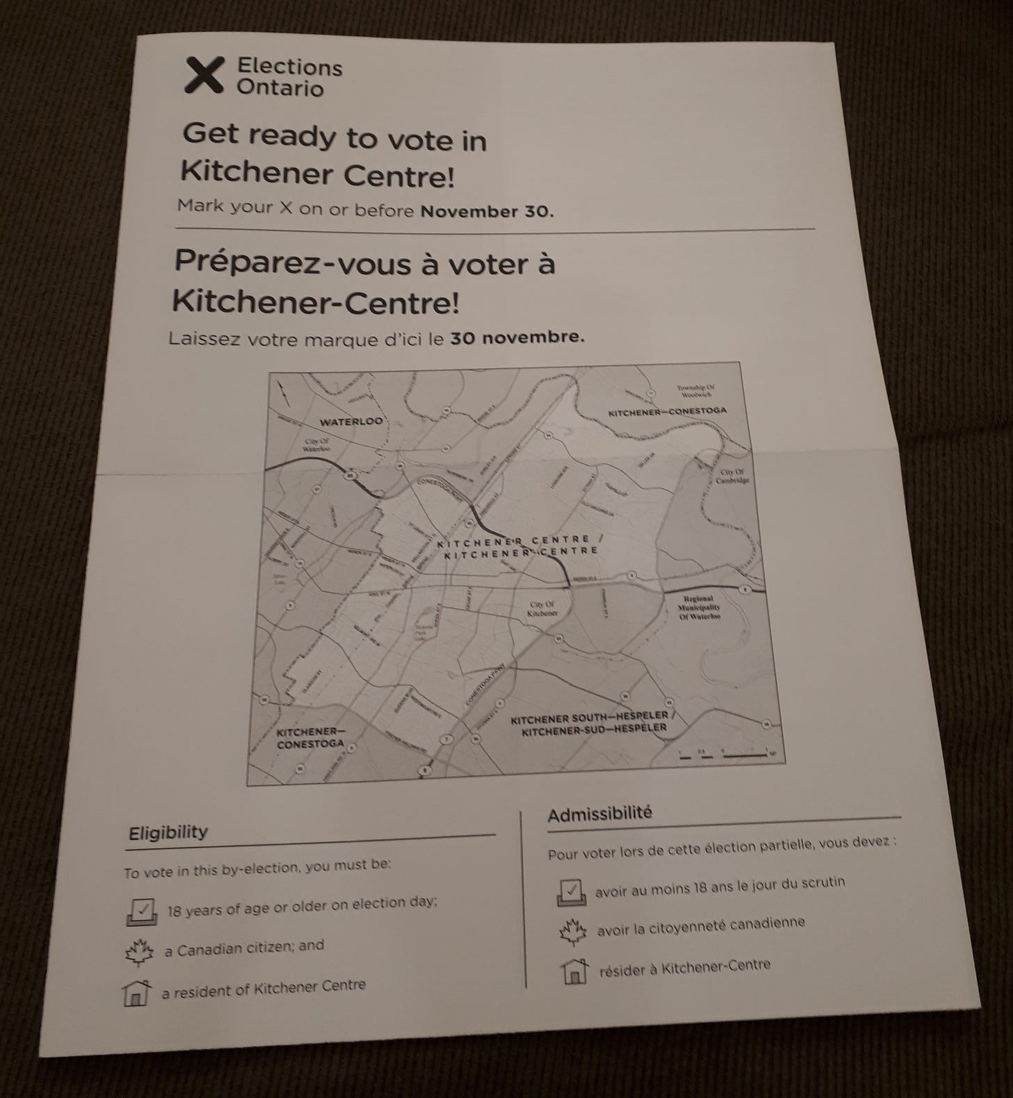 Mailer from Elections Canada outlining byelection information