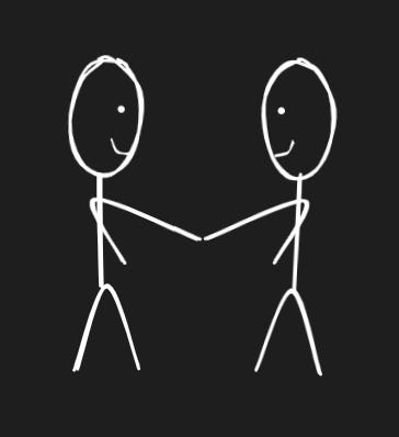 "A simple and endearing illustration of two stick figures on a black background. Both figures are outlined in white, with large circular heads and dots for eyes. Their bodies are represented by straight lines forming their torsos, arms, and legs. They are standing upright and facing each other, with their arms outstretched and hands meeting in the middle, suggesting a handshake, high-five, or a gesture of connection and agreement. The simplicity of the drawing conveys a sense of friendship, cooperation, or partnership."