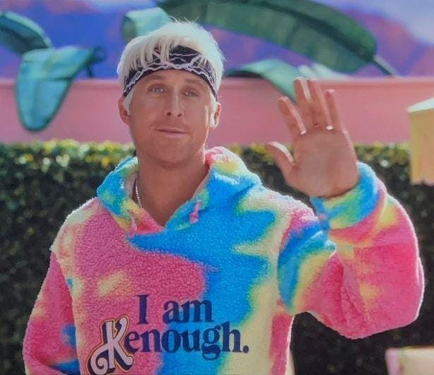 The absolutely iconic moment from the Barbie movie where Ken is wearing his "I am Kenough" hoodie