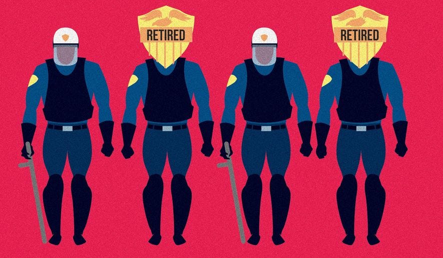 Retired police officers and current police forces illustration by Linas Garsys / The Washington Times