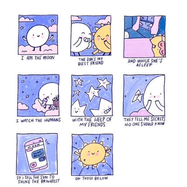 (An illustrated poem): I am the Moon (a cute, white round moon with arms and legs smiles), the Sun’s my best friend (a yellow, smiling sun giggles with Moon). And while he’s asleep (Sun is in bed, under the covers, with a pink eye mask on) I watch the humans (Moon sits on a pink cloud holding a box of popcorn, and drinks from a cup with a straw) with the help of my friends (a panel filled with smiling white stars). They tell me secrets no one should know (a little star whispers into Moon’s “ear”) so I tell the Sun to shine the brightest (Moon’s pink phone shows a text message saying “shine bright”) on those below (Sun smiles, arms outstretched, surrounded by sparkles).