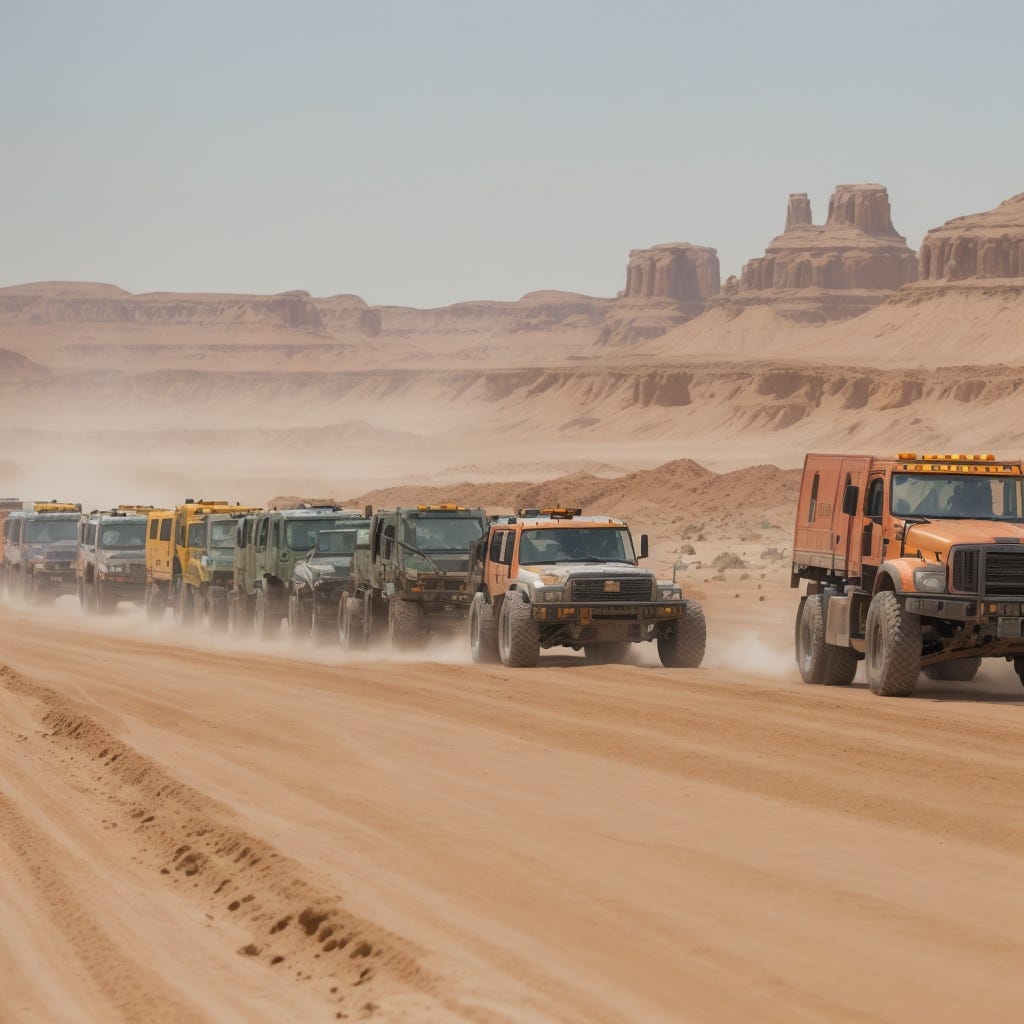 Construction vehicles doing a demolition derby in a fantasy desert, surrounded by an army of orcs.