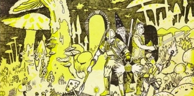 Illustration of the room full of large and unusual fungal growth, including yellow mold. A party of adventurers explores through the room.