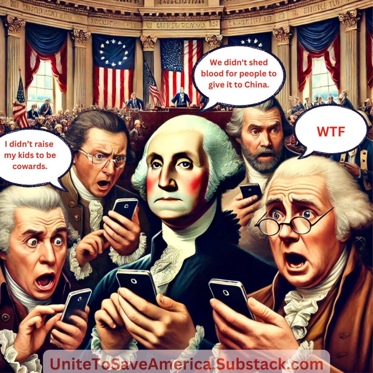 Digital illustration of America's Founding Fathers reacting with shock while looking at smartphones. Speech bubbles read: "I didn’t raise my kids to be cowards," "We didn't shed blood for people to give it to China," and "WTF."