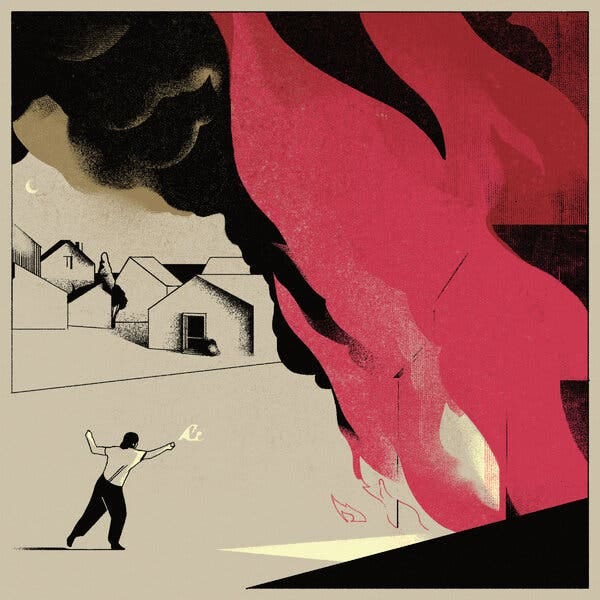 An illustration of flames and smoke engulfing a house and a lone person throwing a small cup of water at it to put it out.