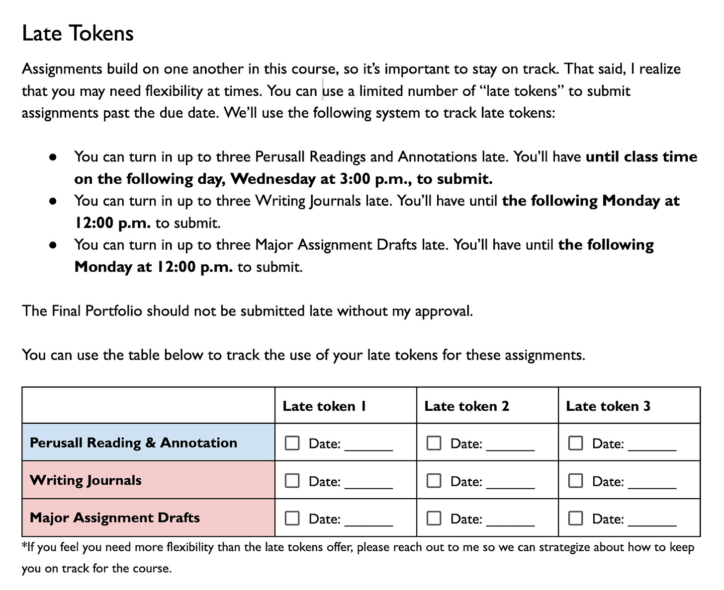 Screenshot of instructions for students about how to use the late tokens, along with a table they can fill in to check off late tokens as they use them.