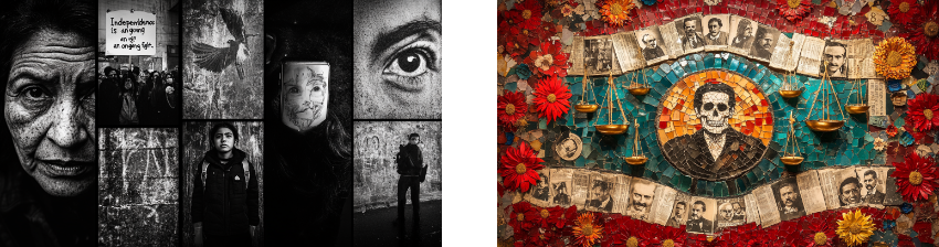 A split image showing two powerful art pieces: on the left, a series of black and white photographs depicting close-ups of faces, protest scenes, and intense gazes, conveying themes of struggle and resilience; on the right, a vibrant mosaic with a central figure of a skeleton in a suit surrounded by scales of justice, portraits, and red flowers, blending historical and cultural symbolism.