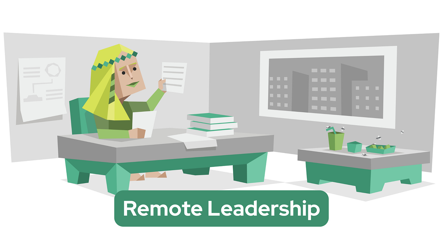 A Diplomat sits at a desk reviewing documents, with a cityscape visible through a window. The image has a green color scheme and displays "Remote Leadership" text at the bottom on a green banner. A Diplomat sits at a desk reviewing documents, with a cityscape visible through a window. The image has a green color scheme and displays "Remote Leadership" text at the bottom on a green banner.