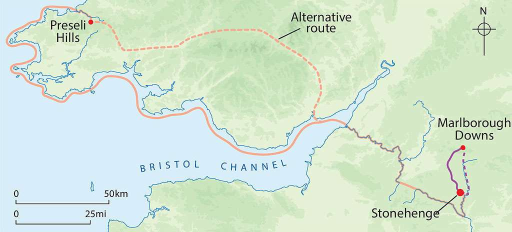 The routes over which the two main types of stone were brought to Stonehenge