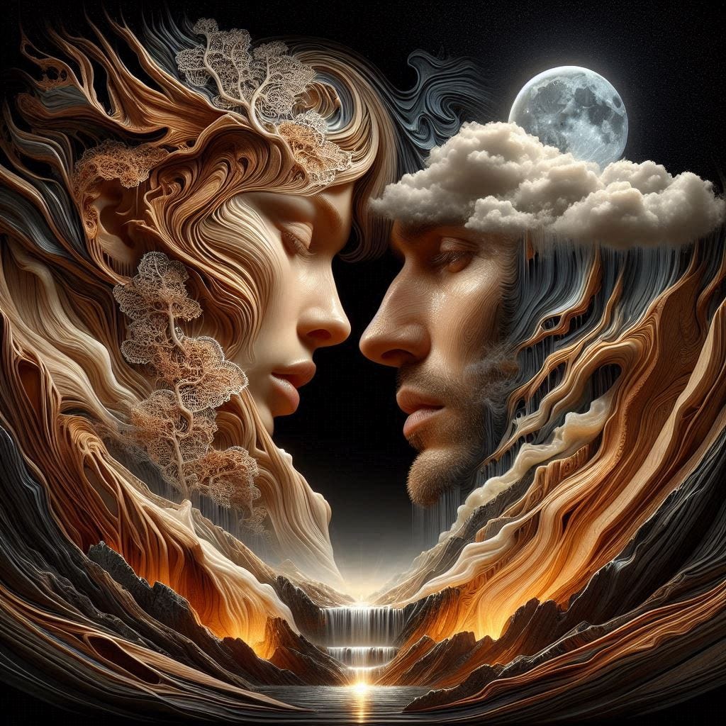  angle glass waterfall with with a small fire in it over image of  Birchwood/rosewood middle aged handsome man looking into eyes of a woman in lace high collar in water in resin/ soft, beautiful/honey-wood and copper/ Marquetry, verdigris. mountain / fluffy cloud floating low in foreground / honey-gold-swirl/surrounded by copper pipes .REFLECTED/ Inspired by style of Jeffrey Catherine Jones /backdrop of swirling clouds under moon.black starry sky / love/ bliss
