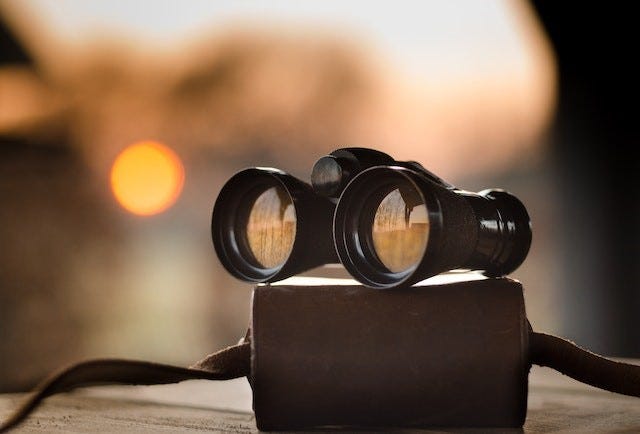 black binoculars against a brown out-of-focus background during the sunset
