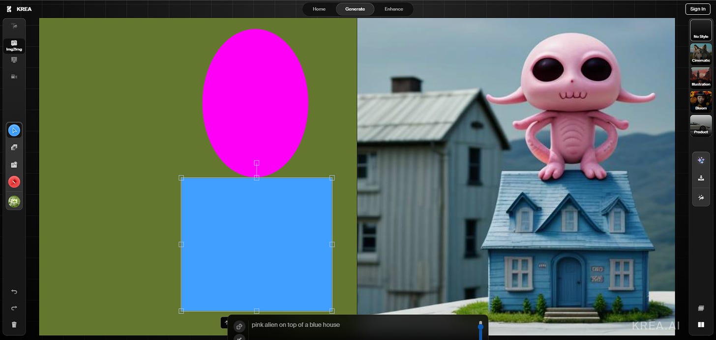 Pink alien on top of a blue house, made from rough shapes by AI