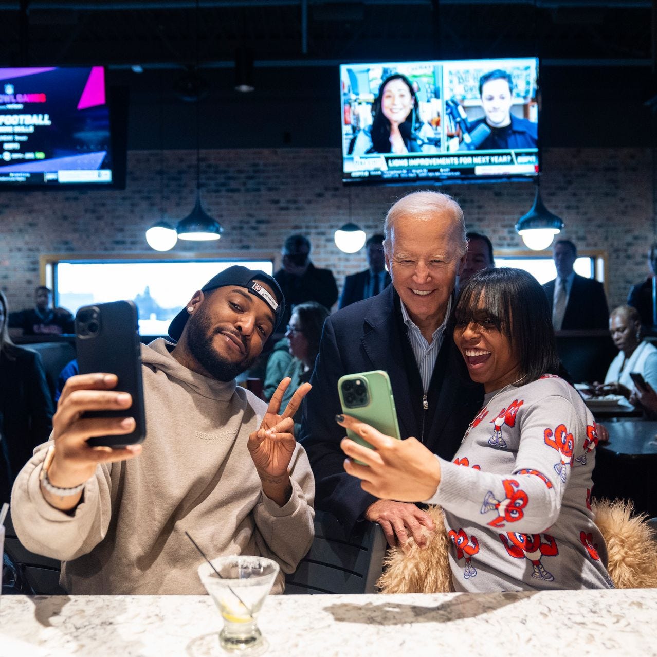 President Biden, on a February campaign swing in Michigan, mingled with patrons at a restaurant in Harper Woods.