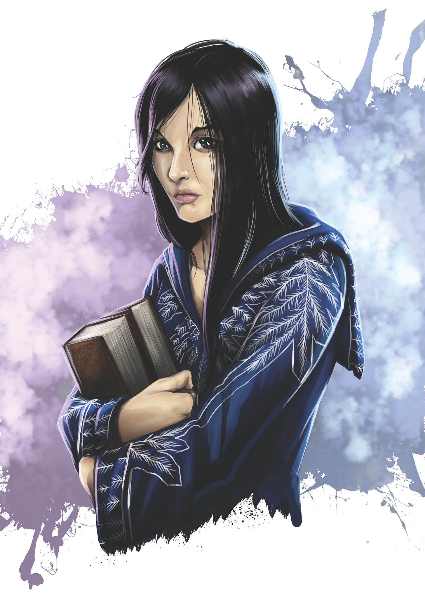A picture of a girl with wide black eyes and raven black hair. Her long hair is falling in front of her face and her expression is worried. She's wearing blue mage robes edged in white, in a design almost like frost. She's clutching two hardback books to her chest.