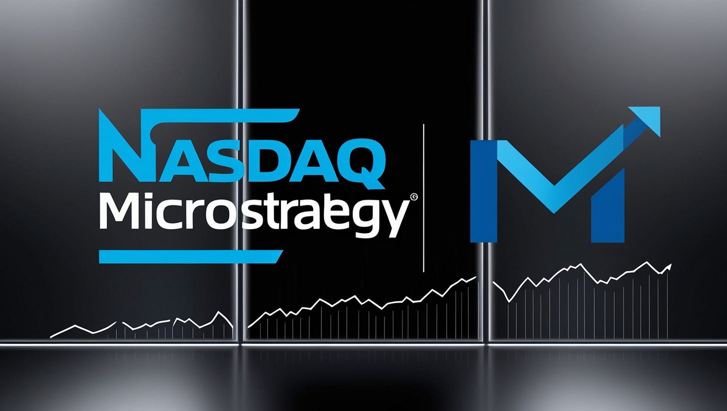 Graph showing MicroStrategy’s stock price increase in 2024, alongside its growing Bitcoin holdings (423,650 BTC) and market cap ($94 billion).