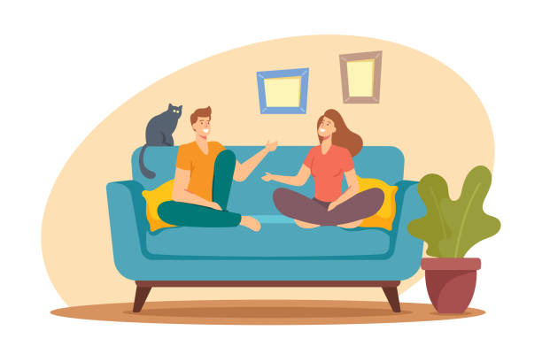 Young Man and Woman Characters Sitting on Sofa at Home Having Active Conversation. People Chatting, Discussing, Family Young Man and Woman Characters Sitting on Sofa at Home Having Active Conversation. People Chatting, Discussing, Family Spare Time, Wife and Husband Discuss Problems. Cartoon Vector Illustration couple talking stock illustrations