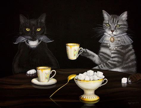 Two cats drinking tea with cubed sugar - acrylic painting - Tea Time by Leila Ataya #animalart # ...