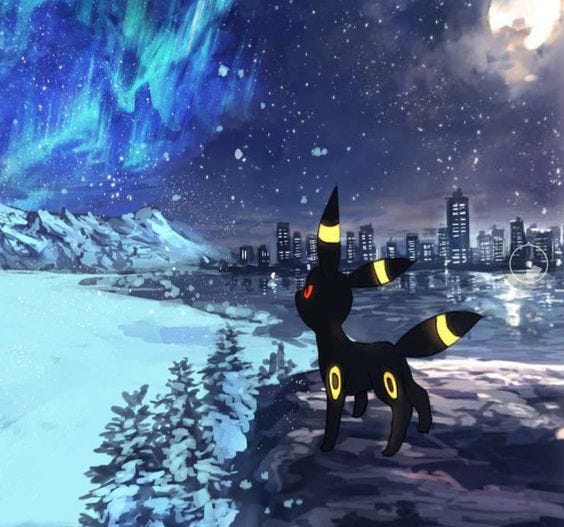 This may contain: a black and yellow pokemon standing on top of snow covered ground in front of a city