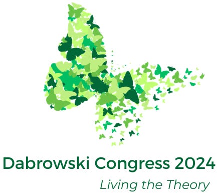 Image description: A butterfly made up of smaller butterflies in varying shades of green on a white background. Text, "Dabrowski Congress 2024, Living the Theory"