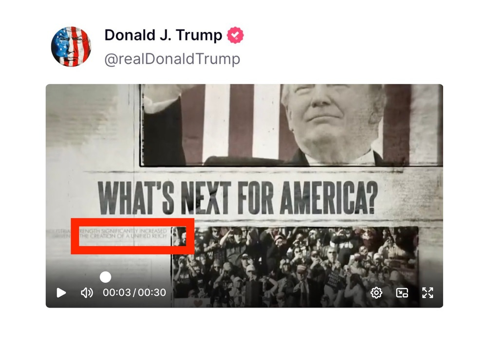 video screenshot of video posted to Truth Social on Donald Trump's account. Imaginary newspaper headline says in all-caps, 'WHAT'S NEXT FOR AMERICA' followed by a much smaller subhead, 'Strength significantly increased by the creation of a unified Reich.'