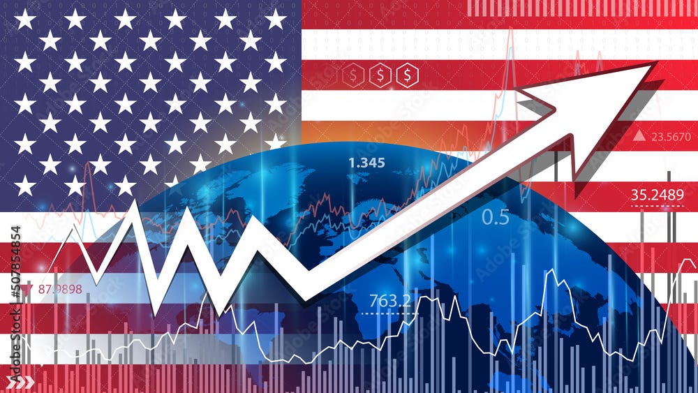 Economic Growth in United States. Economic Forecast for the US Economy. Up  arrow in the chart against the background of the US flag. Stock  Illustration | Adobe Stock