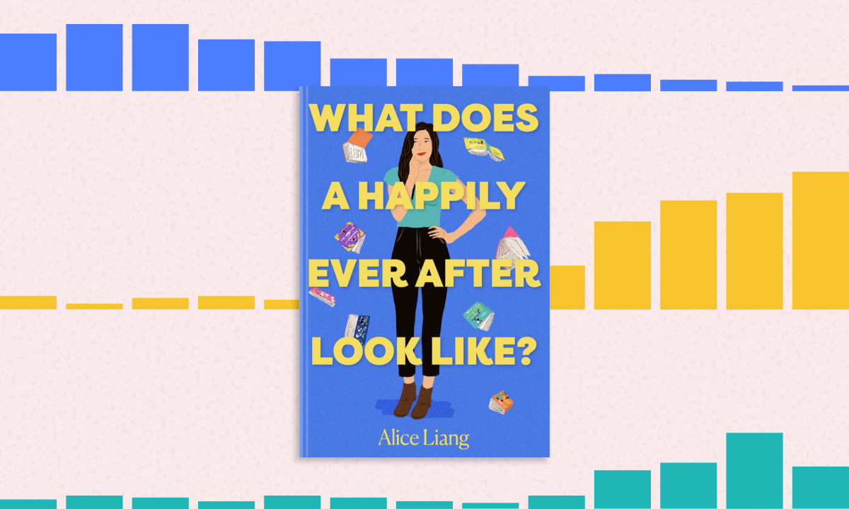 An illustrated book cover of an woman with one hand on her hip and the other on her chin in a curious pose. There are colorful books flying around her on a blue background. The book title reads: “What Does a Happily Ever After Look Like?” There are 3 bar charts stretched across the background.