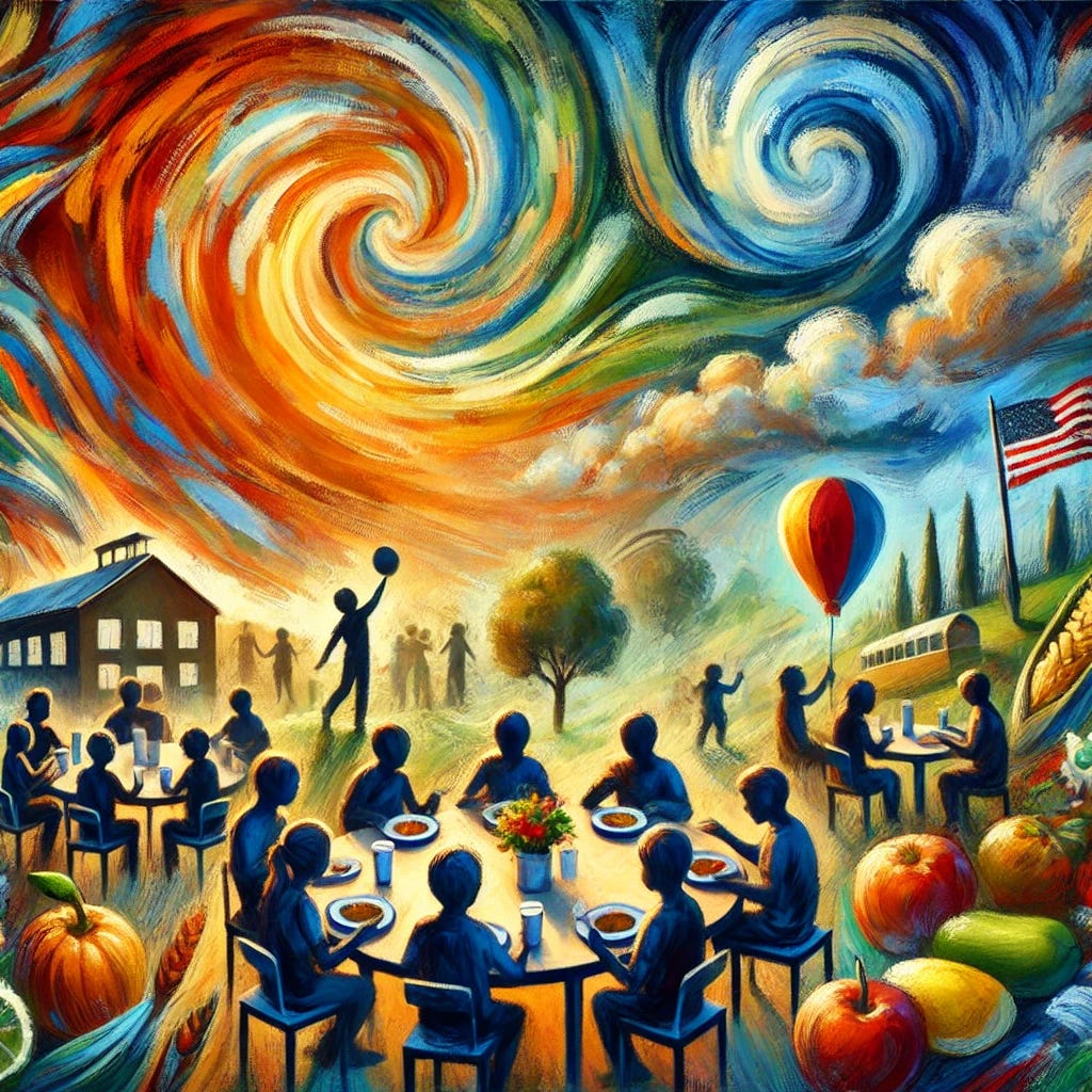 An abstract representation of the impact of universal free school meals in the United States. Swirling brushstrokes and contrasting colors depict the growth of the program, with figures of children happily eating together. Elements representing schools and community are highlighted, showing the sense of inclusiveness and well-being. A vibrant, hopeful sky illustrates the positive transformation in thinking around school meals. The scene evokes a sense of achievement and community support, resembling an oil on canvas painting in an expressionistic style.