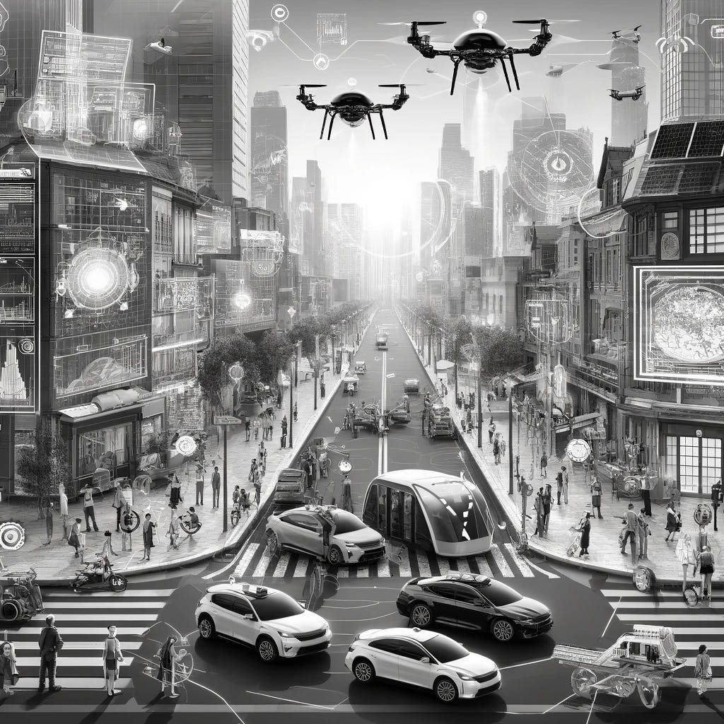 A black and white digital illustration showing a futuristic cityscape with diverse technologies integrated into daily life. The scene includes a busy street with autonomous vehicles, drones flying overhead, and digital billboards displaying real-time information. People of various ethnicities are using wearable tech and interacting with smart city interfaces. Buildings are equipped with advanced sensors and solar panels, reflecting a blend of traditional architecture and modern technology. The atmosphere is dynamic yet harmonious, depicting a seamless integration of technology and urban life.