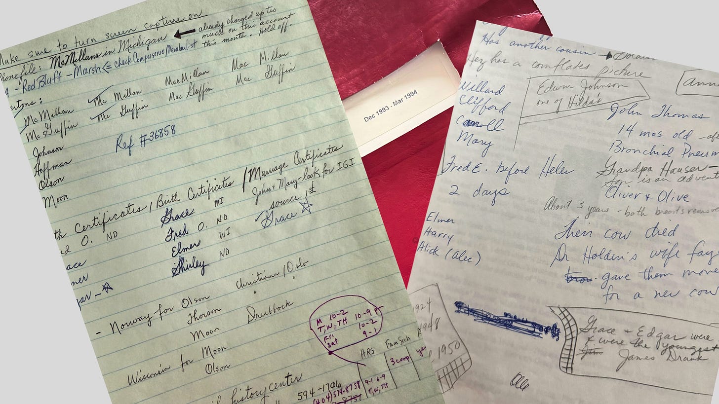 Picture of old handwritten notes scribbled on a page having to do with family names and facts.