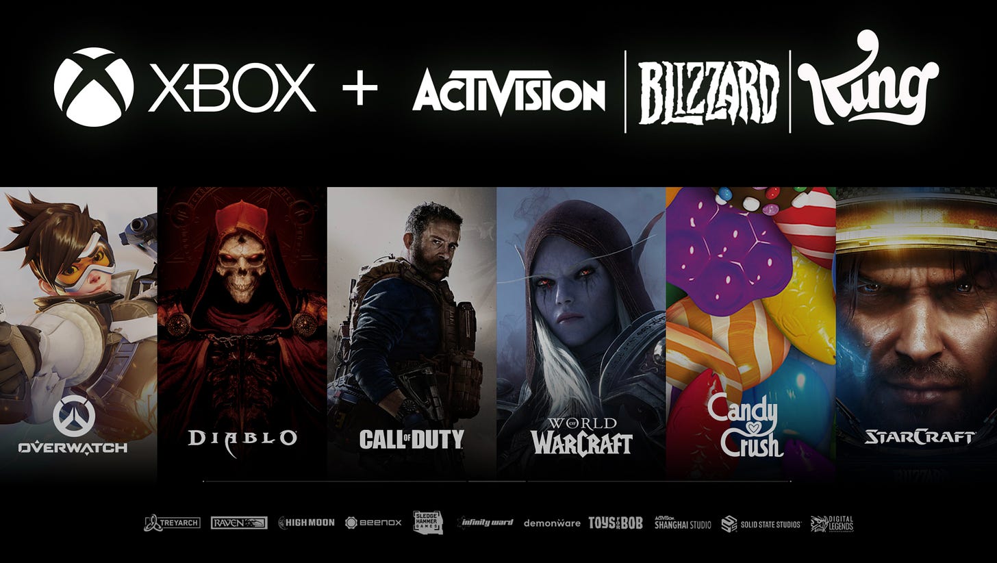 An image bearing the logos for Xbox, Activision, Blizzard and King along with images and logos for Overwatch, Diablo, Call of Duty, World of Warcraft, Candy Crush and StarCraft