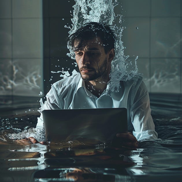 A man sitting with a laptop while halfway submerged in water (and more water is pouring on his head). He seems lost in thought, almost giving up as the water continues to bury him.