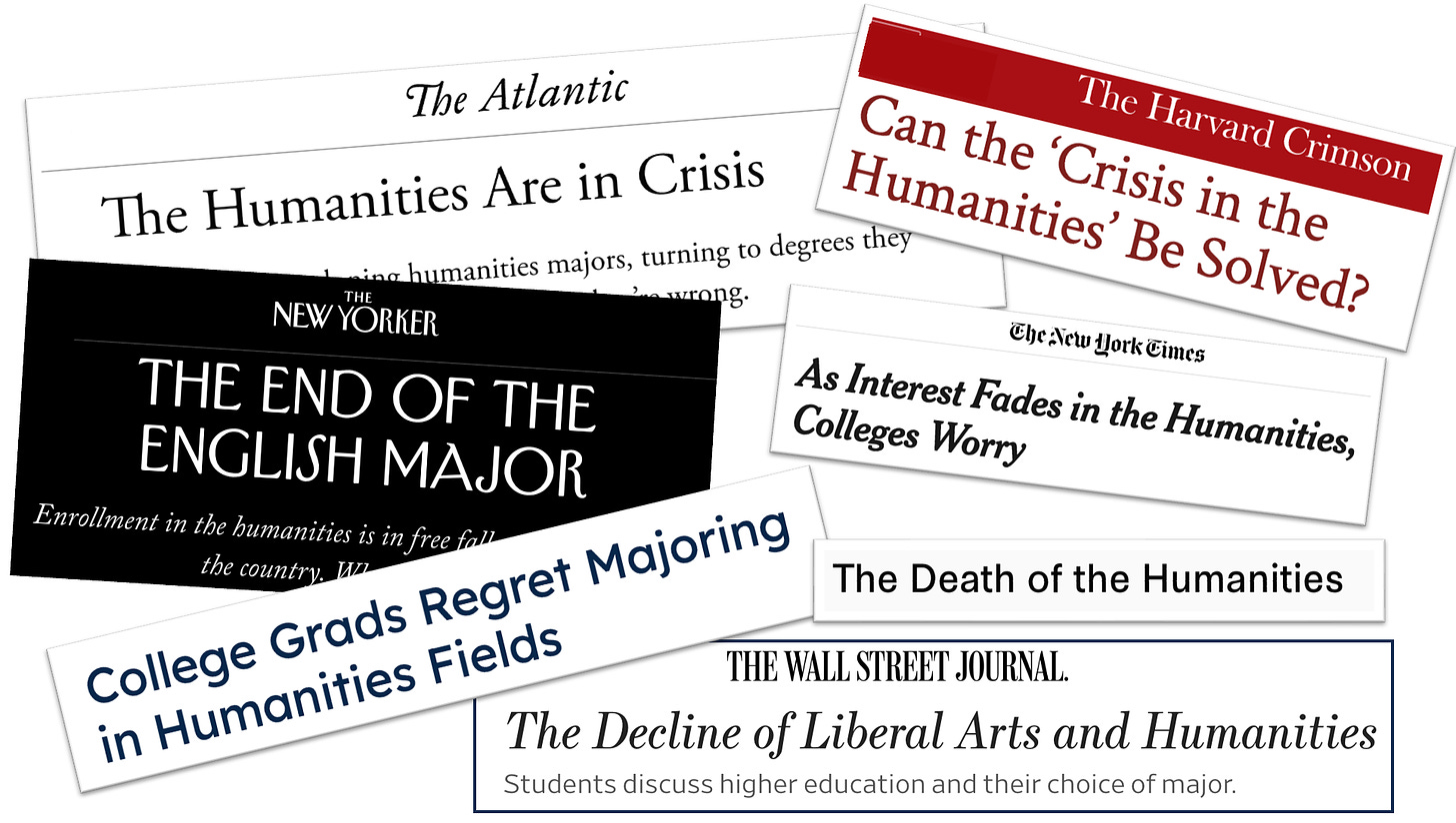 Collage of headlines about the crisis in humanities