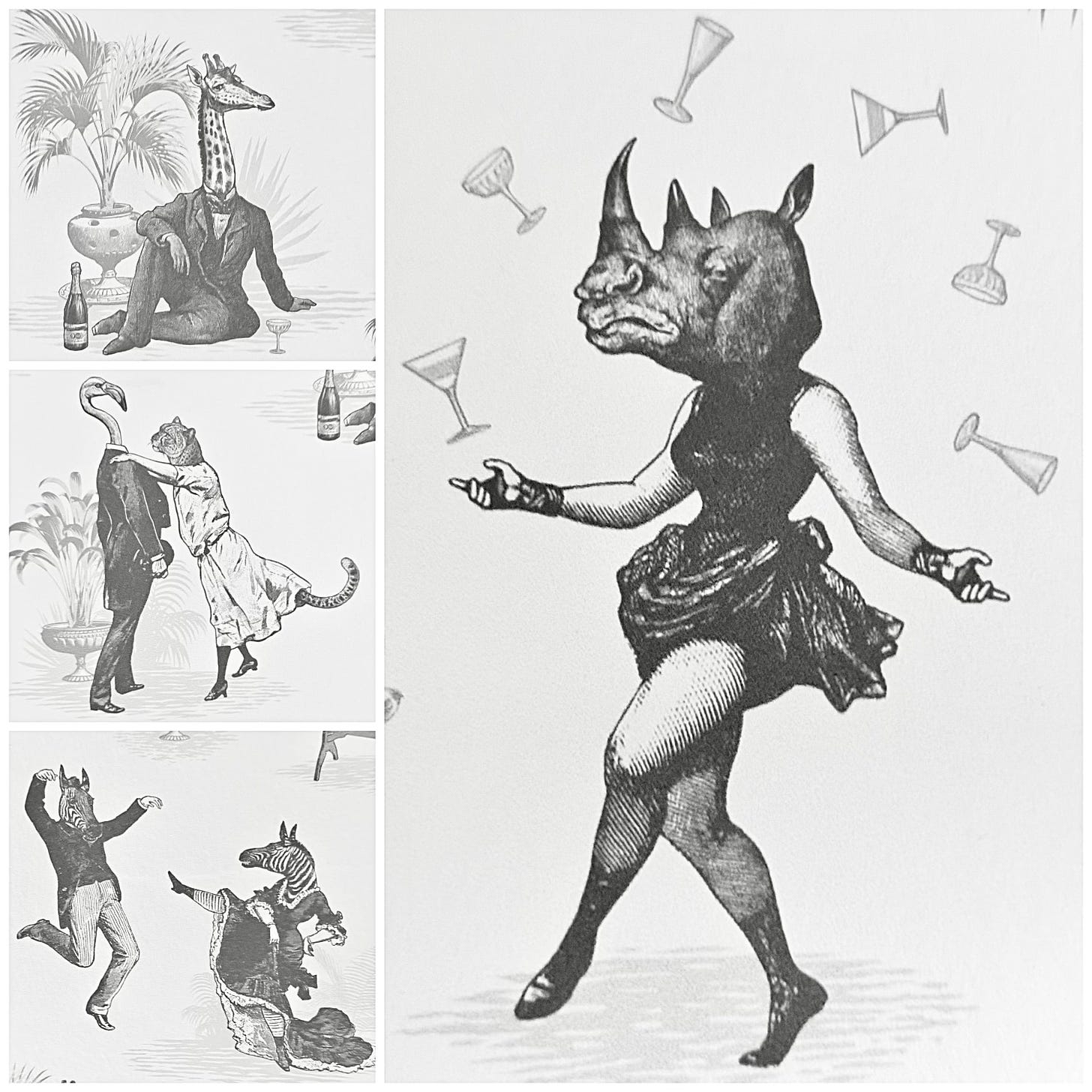 A montage of some wallpaper with weird half human half animal figures having a party.