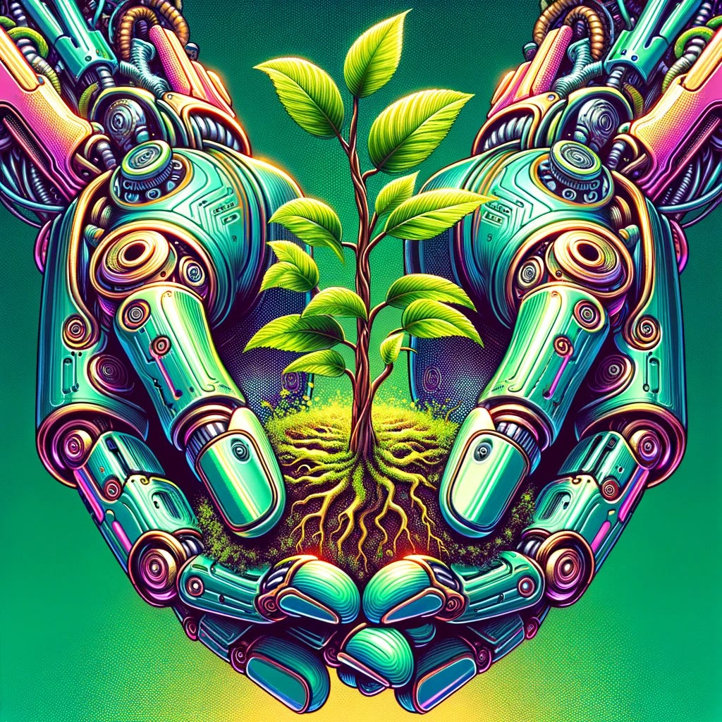 Craft a close-up illustration in a vibrant, retro-futuristic style, showing robot hands gently holding a small, growing tree. The image should convey the symbolism of AI preserving life, with intricate mechanical details on the robot hands and a lush, vividly green tree contrasting with the metallic hues. Emphasize the delicate interaction between technology and nature, with a hopeful, nurturing atmosphere.